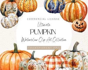Clip art di zucche ad acquerello / Collezione autunnale da 60 pezzi (download digitale)