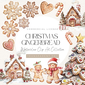 Pan de jengibre navideño - Colección de 40 imágenes prediseñadas de acuarela / Imágenes prediseñadas navideñas, Licencia comercial, Arte de jengibre, Linda casa de jengibre