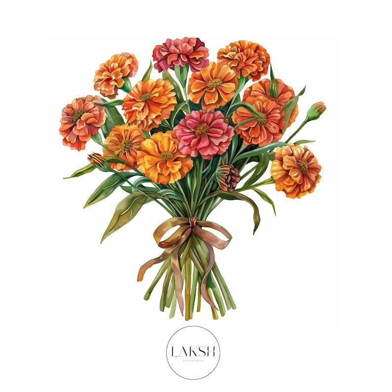 May include: A bouquet of orange and red marigolds tied with a brown ribbon. The flowers are arranged in a loose, natural style.
