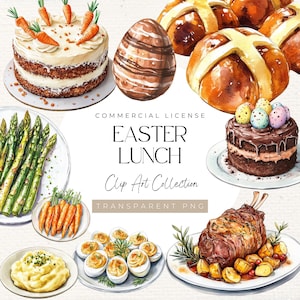 Ostern Aquarell Clipart - 30 PNGs | Lammbraten, Schinken, teuflische Eier, Hot Cross Brötchen, Simnel Kuchen, Spring Food Art | Digitaler Download