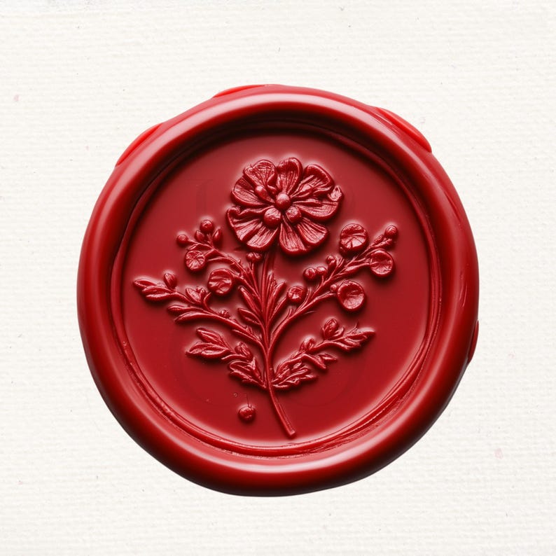 May include: A red wax seal with a floral design. The seal features a raised design of a flower with leaves and stems.