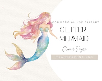 Aquarell Meerjungfrau Clipart – Pastellfarbene glitzernde Meerjungfrau mit goldenen Details | High-Res Illustration für Kinder Kunsthandwerk, Wandkunst & Party Dekoration