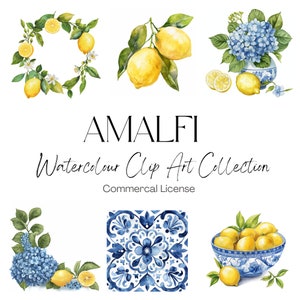 45 Clip Art trasparenti ispirate ad Amalfi, Clipart di limoni acquerellati, tema blu e giallo, Clip Art mediterranea, Clip Art estiva