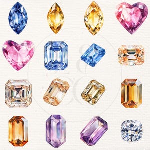 May include: A collection of watercolour painted gemstones in various shapes and colours, including heart, square, and oval. The gemstones are rendered in shades of blue, pink, yellow, and orange.