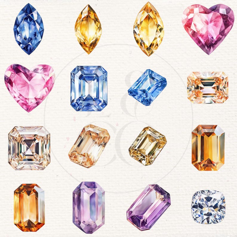 May include: A collection of watercolour painted gemstones in various shapes and colours, including heart, square, and oval. The gemstones are rendered in shades of blue, pink, yellow, and orange.