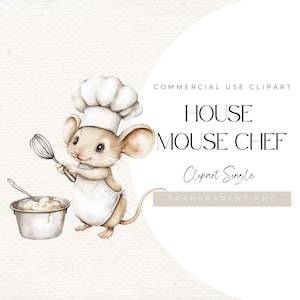 Op de afbeelding: Waterverfillustratie van een muizenkok met een koksmuts en schort, die een garde vasthoudt. Een metalen kom met een romige substantie en een lepel staan links. Tekst: "HOUSE MOUSE CHEF Clipart Single".