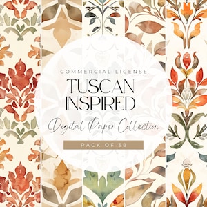 Carrelage sans couture aquarelle toscane – 45 motifs numériques rustiques dans des tons ocre, clipart 300 DPI pour la marque, le mariage et la conception de papier