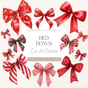 Puede incluir: Colección de lazos rojos de acuarela en varios estilos, incluyendo diseños a cuadros, a rayas y florales. La imagen incluye el texto "Red Bows Clip Art Collection" y "Transparent PNG".