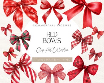 Conjunto de imágenes prediseñadas de lazos rojos de acuarela: imágenes PNG de cintas (descarga digital)