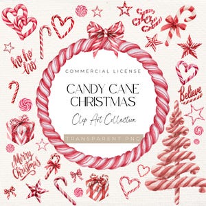 Puede incluir: Colección de imágenes prediseñadas de acuarela con bastones de caramelo, estrellas, corazones y cajas de regalo en rojo y blanco. El texto incluye "Candy Cane Christmas" y "Merry Christmas". También se incluye una corona y un árbol de Navidad.