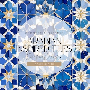 Collection numérique transparente d'inspiration arabe, papier numérique mosaïque transparente, Eid, Ramadan, Moyen-Orient, marocain, bleu et or, 300 ppp