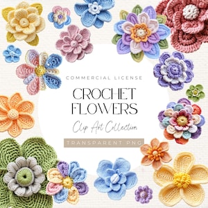 Clipart de flores de crochet: 34 PNG pastel / Flores de crochet realistas, clip art floral, elementos digitales para álbumes de recortes / Descarga instantánea