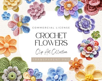 Crochet Flower Clipart – 34 Pastel PNGs, Scrapbook Graphics (Digital Download)