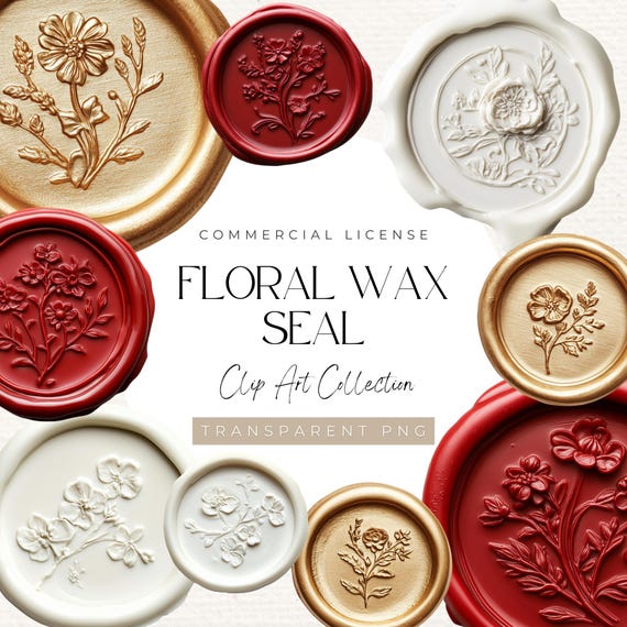 Floral Wax Seal Clipart – Red, Gold & White PNG Stamps (300 DPI)