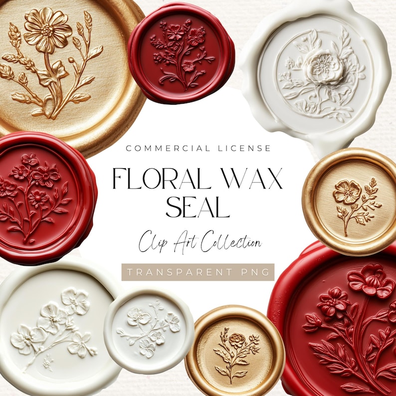 Floral Wax Seal Clipart – 24 Realistic PNGs – Add timeless elegance to your designs with this beautiful 24-piece Realistic Floral Wax Seal Clipart Collection