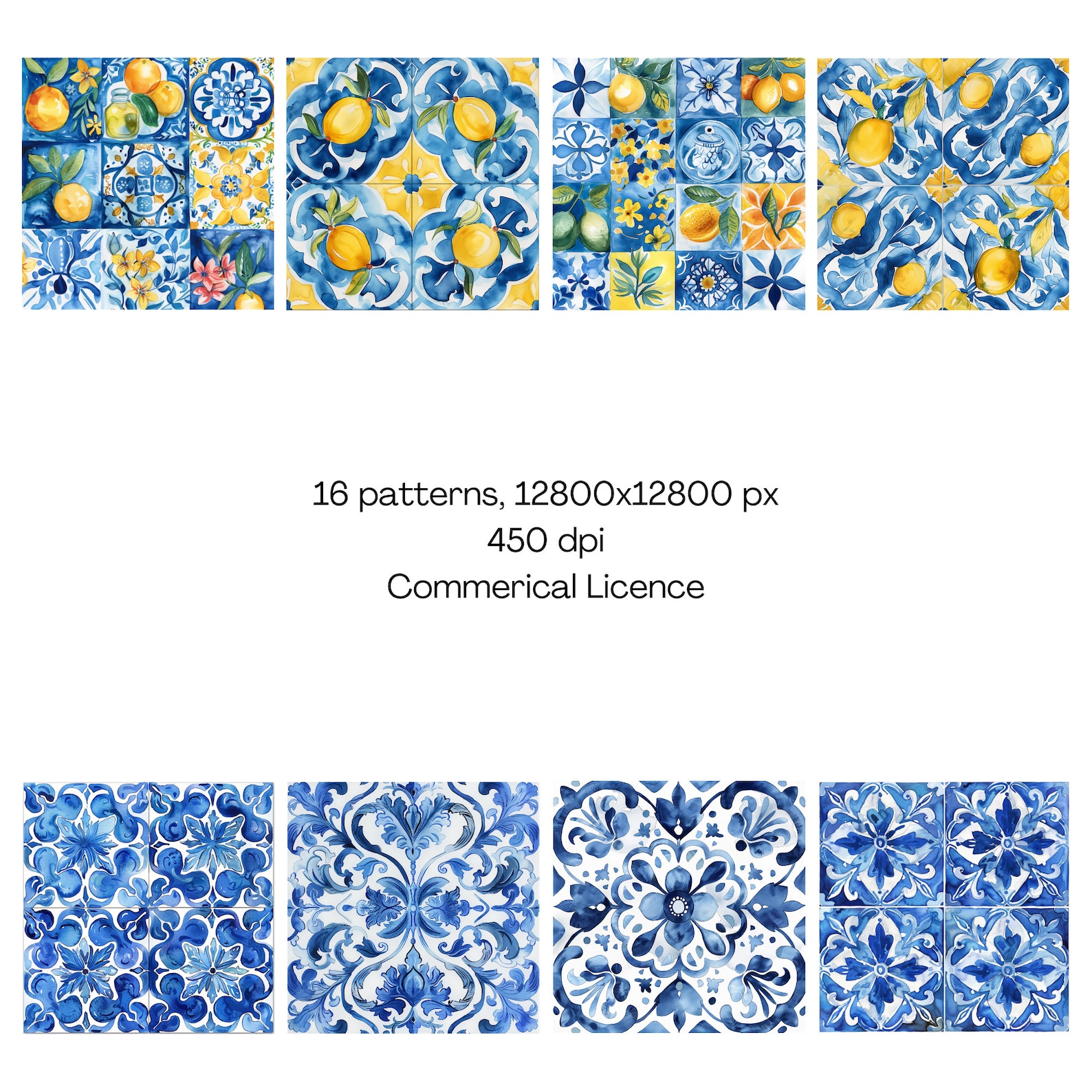 Amalfi Tile Pattern, Blue, Yellow, and Lemon Digital Paper (PNG) - Etsy