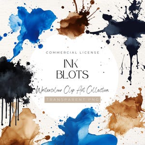 Watercolour Ink Blot Clipart 18 PNGs | Black, Brown & Blue Ink Splatters | Abstract Brush Strokes, Transparent Background, Digital Download