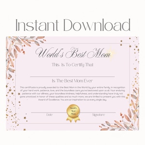 World's Best Mom Certificate | Mom Certificate Printable | Mother's Day Gift | Birthday Gift | Instant Download | A4 Certificate
