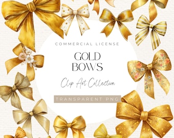 Watercolour Gold Bows Clipart – 58 Elegant Ribbon PNG Elements, 300 DPI