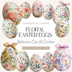 Producto digital de Pascua / Clipart de huevos de primavera con flores de acuarela, 300 DPI, Clipart de primavera, Lindos huevos de Pascua, Uso comercial, Linda Pascua