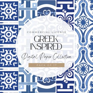 Clipart de carreaux sans couture grecs – 17 motifs aquarelles bleus et blancs pour la conception numérique, la marque et la décoration imprimable, 300 ppp