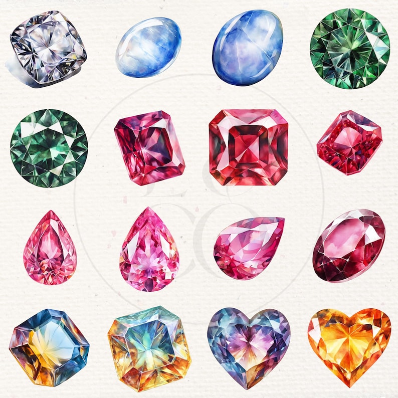 May include: Watercolour painting of various gemstones in different shapes and colours, including round, oval, teardrop, heart, and square. The gemstones are painted in shades of blue, green, red, pink, and yellow.