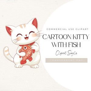 Cute Cat PNG Clipart – Kawaii Cartoon Kitty with Fish | Animal Illustration for Stickers, Kids Decor, Pet Crafts & Invitations | 300 DPI