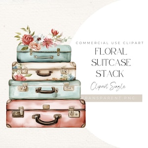 Clipart de mala floral empilhada – Bagagem em aquarela PNG para convites de viagem, chás de panela e imprimíveis vintage, clipart de viagem, 300 DPI