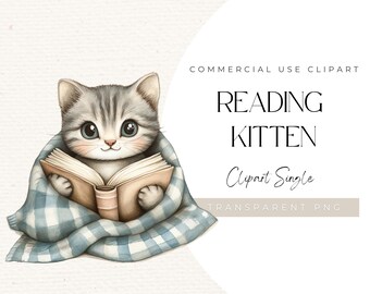 Könnte beinhalten: Aquarell-Illustration eines grauen Tabby-Kätzchens, das ein Buch liest, eingehüllt in eine blau-weiß karierte Decke. Das Bild enthält den Text "READING KITTEN Clipart Single". Der Hintergrund ist weiß.