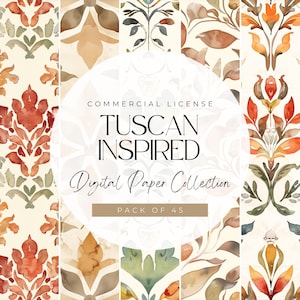 May include: A digital paper collection with a Tuscan-inspired theme. The design features watercolor patterns in shades of orange, green, and brown. The text reads "Tuscan Inspired Digital Paper Collection" and "Pack of 45."