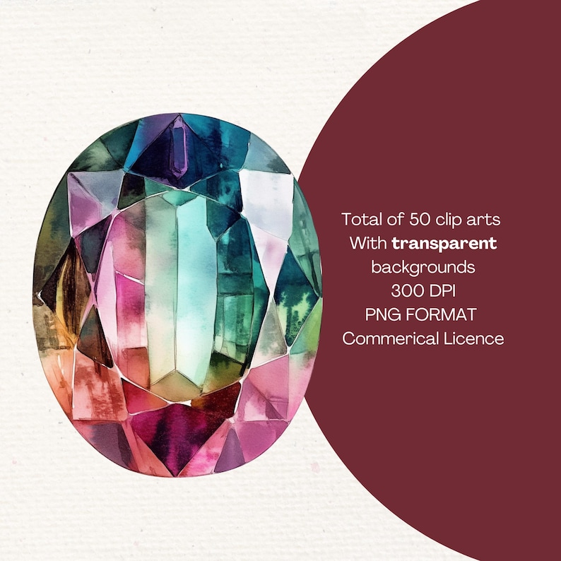 May include: A watercolour painting of a large, faceted gemstone with a rainbow of colours, including pink, purple, green, and blue. The gem is set against a white background.