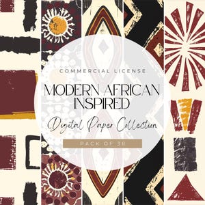 Può includere: Una collezione di carta digitale a tema moderno di ispirazione africana. Il design presenta motivi geometrici in bordeaux, nero, crema e oro. Il testo recita "Modern African Inspired Digital Paper Collection" e "Pack of 38".