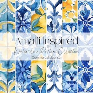 16 motivi di piastrelle ispirati ad Amalfi, sfondo di piastrelle italiane, tema blu e giallo, tema blu e bianco, carta digitale di piastrelle blu e bianche