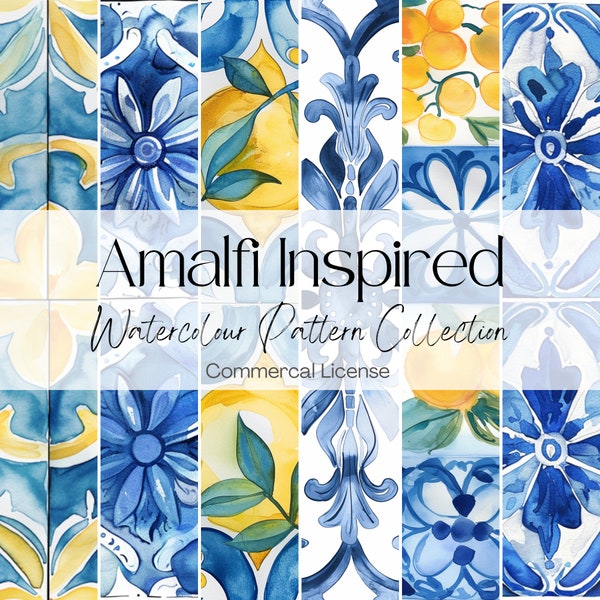 16 Amalfi Inspired tile Pattern, Italian Tile Pattern, Blue and Yellow theme, Blue and White theme,  Blue And White Tile Digital Paper