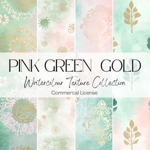 Papel digital aquarela rosa verde dourado | Convite de casamento indiano, fundo digital, 300 DPI, download instantâneo, papel digital