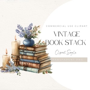 Aquarell Vintage Bücher Stapel Clipart - Gemütliche Kerze und Blume PNG für Buch Dekor, Leseecke Drucke, Journale und Einladungen, 300 DPI