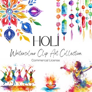 ホーリー水彩画クリップ アート、35 種類の高品質カラフルなクリップ アート、レインボー アート、カラフルな PNG、ホーリー デコレーション、デジタル ダウンロード、インド アート