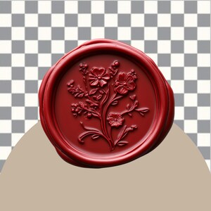 May include: A red wax seal with a floral design. The seal is round and has a raised design of a flower with leaves.