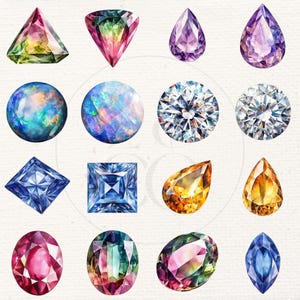 May include: A collection of 16 watercolour illustrations of various gemstones, including amethyst, opal, sapphire, topaz, and diamond. Each gemstone is depicted in a unique shape and colour.