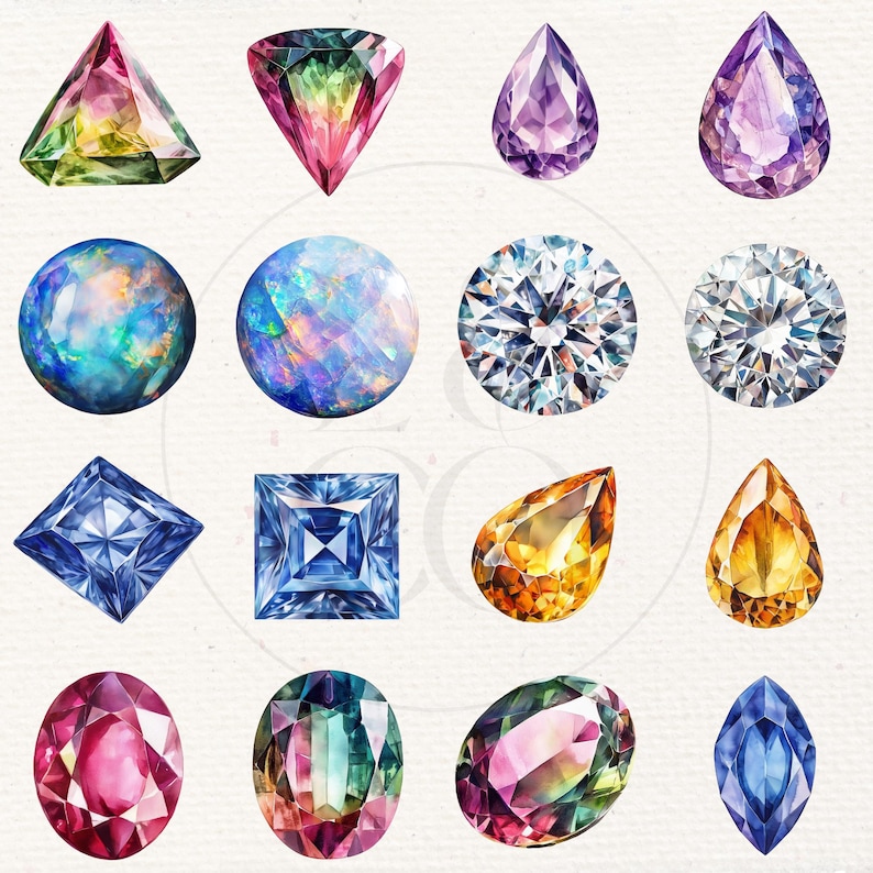 May include: A collection of 16 watercolour illustrations of various gemstones, including amethyst, opal, sapphire, topaz, and diamond. Each gemstone is depicted in a unique shape and colour.