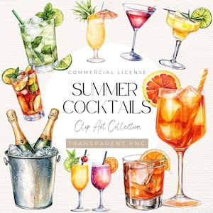 Clipart de cóctel de verano: 40 bebidas tropicales en acuarela PNG para invitaciones a fiestas, menús de bar, decoración de playa y diseños divertidos, 300 DPI, fiesta de verano