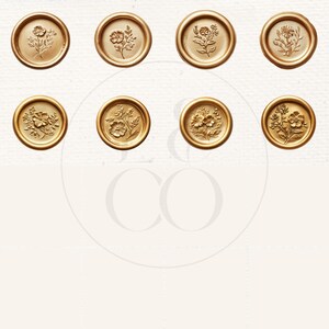 May include: Eight gold wax seals with floral designs. The seals are round and have a raised design. The flowers are in various shades of gold.