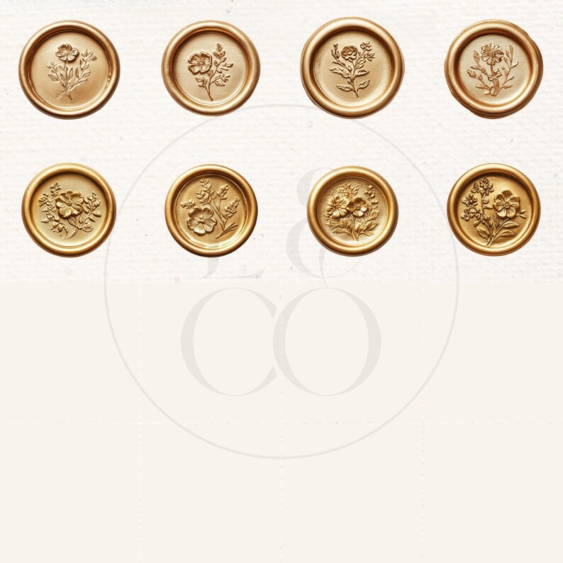 May include: Eight gold wax seals with floral designs. The seals are round and have a raised design. The flowers are in various shades of gold.