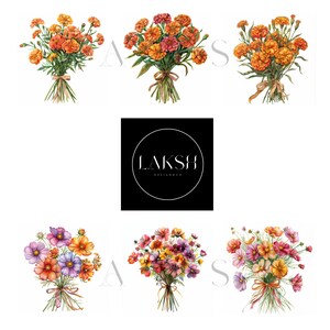 May include: Three watercolor paintings of bouquets of flowers. The first bouquet is orange and yellow marigolds. The second bouquet is orange and pink cosmos. The third bouquet is pink and yellow cosmos. The bouquets are tied with a ribbon and have a green stem.