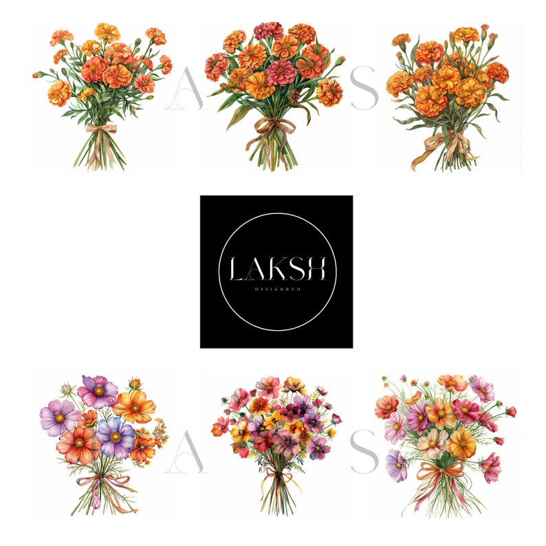 May include: Three watercolor paintings of bouquets of flowers. The first bouquet is orange and yellow marigolds. The second bouquet is orange and pink cosmos. The third bouquet is pink and yellow cosmos. The bouquets are tied with a ribbon and have a green stem.