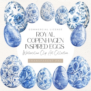 Easter Egg clipart, Royal Copenhagen geïnspireerde paaseieren png, aquarel clipart, blauw en wit, luxe paasdecor, 300 DPI