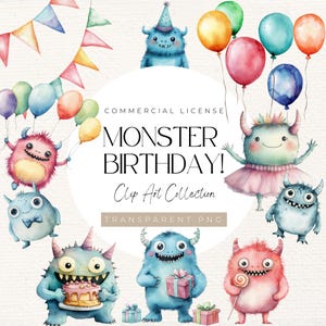 Monster Birthday Clipart – 53 Watercolour PNGs of Cute Monsters, Balloons, Party Decor for Kids Invites & Birthday Themes, 300 DPI