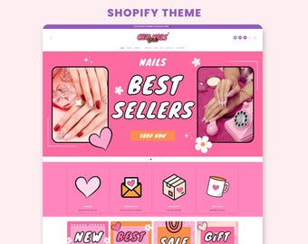 May include: A pink and white website homepage for a nail salon called "Chic Nails". The homepage features a banner with the text "Nails * Best Sellers" and a button that says "Shop Now". The banner also features two images of manicured hands. Below the banner are four icons representing different categories of products: hearts, envelopes, boxes, and mugs. At the bottom of the page are four more icons with the words "New", "Best", "Sale", and "Gift".