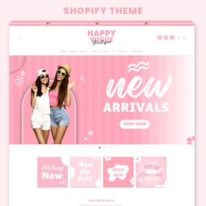 May include: A pink and white website homepage for a clothing boutique called "Happy Vogue Boutique". The website features a banner with two women wearing summer outfits and the text "new arrivals" in a pink and white font. The website also features a call to action button that says "Shop Now".