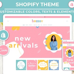 May include: A pink and yellow Shopify theme with the text "new arrivals" and a pink and yellow floral design. The theme is customizable with colors, texts, and elements. The theme is made with Canva.